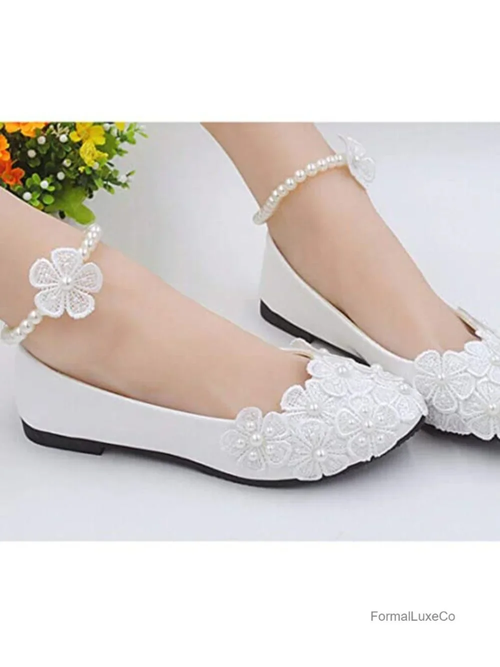 Bridal Flats Lace Flowers Wedding Shoes Ankle Pearl Beads Princess Ballet Flats